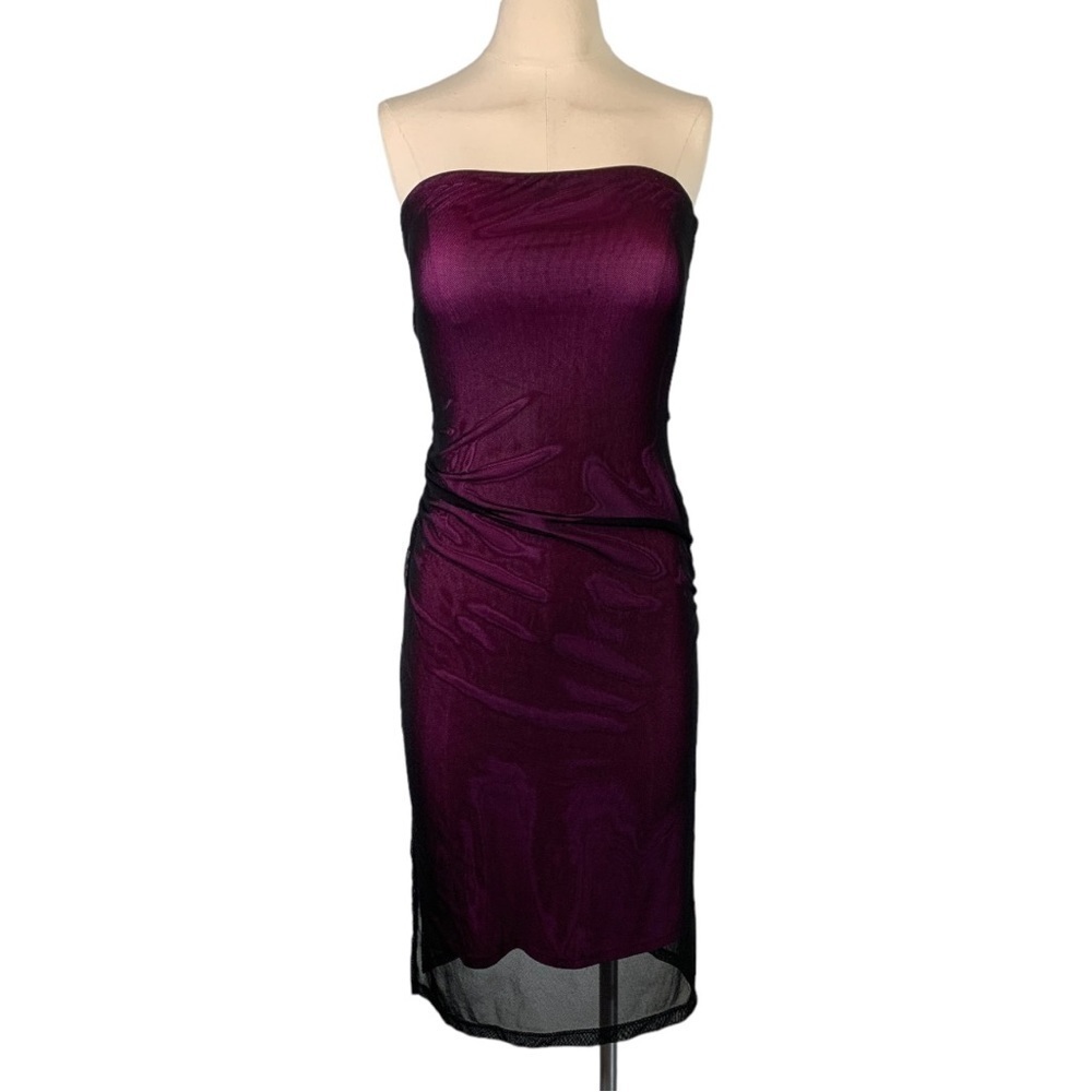 Vintage Y2K Guess Strapless Midi Dress Ruched Bodycon Sheer Hem Small - Picture 2 of 10